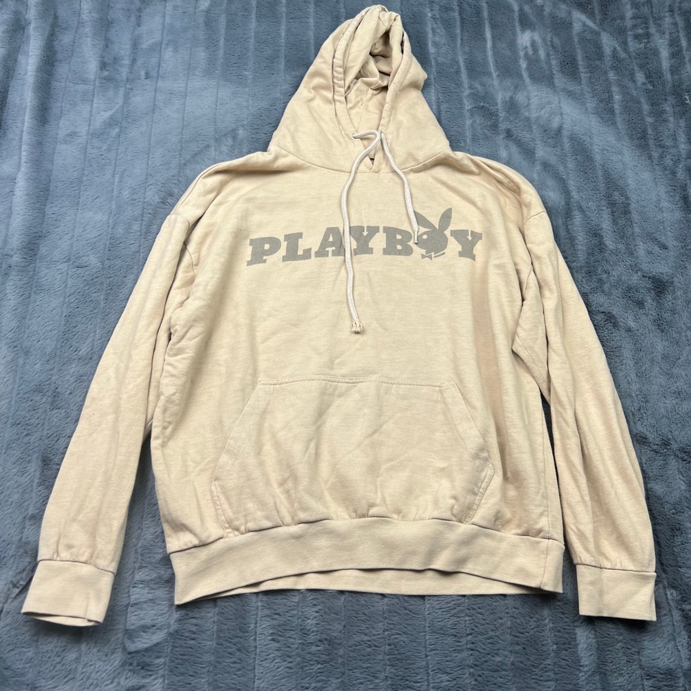 Playboy Tan Beige Graphic Logo Hoodie Sweatshirt Mens Large Bunny Rabbit Head